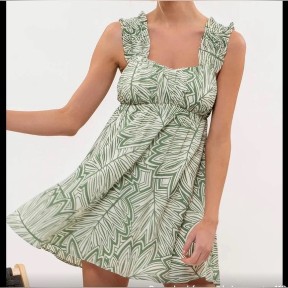 Blu Pepper Green & White Leaf Print Ruffle Mini Dress Women’s Medium Boho - Picture 7 of 7